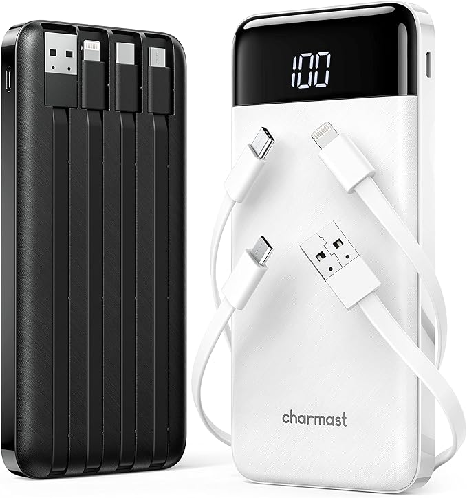 2 Pack of Portable Chargers with Built in Cables, 2PCS Slim 10000mAh Travel Essentials Battery Pack 6 Outputs 3A Power Banks for iPhone Samsung Pixel LG Moto iPad (Black + White)