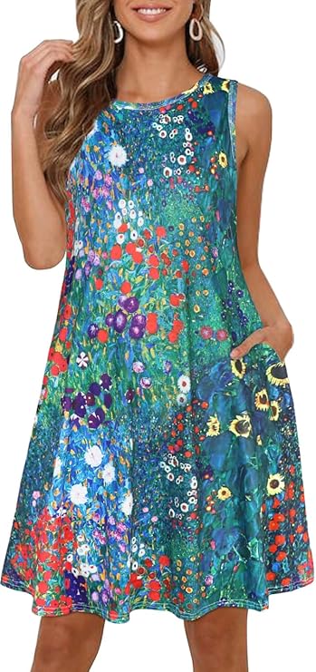 ADOREJOY Women Summer Dress Sleeveless Casual Swing Loose Tank Beach Sundress with Pocket