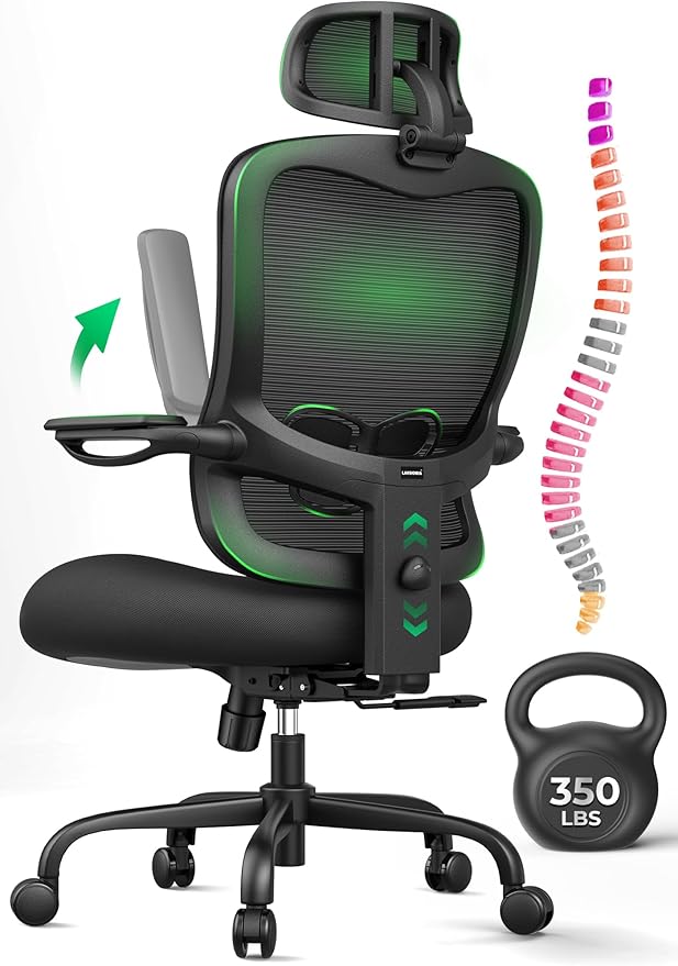 Ergonomic Office Chair Big and Tall - 350LBS Capacity, 6'5" Tall Max, Computer Desk Chairs Over 10 Hours Comfortable, with Adjustable Mesh High Back, Lumbar Support, 3D Headrest, Flip-up Arms