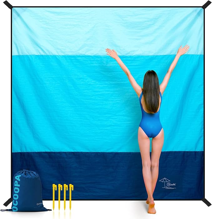 OCOOPA Beach Blanket Sand Free, Super Large 7.2'×6.8', Sandproof Waterproof, Soft Comfortable Sturdy Material, Wide Stripe Design, Light Weight Compact for Picnic, Vacations