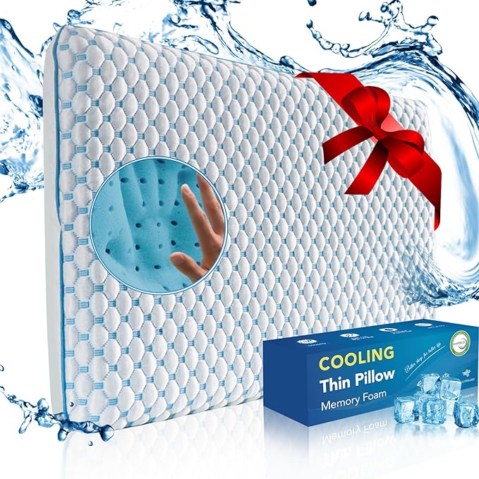 Ultra Thin Pillow for Sleeping- Cooling Gel Flat Pillow for Stomach and Back Sleepers, Slim Stomach Sleeping Pillow for Shoulder Neck Pain Relief, Low Profile Memory Foam Pillows with Washable Cover